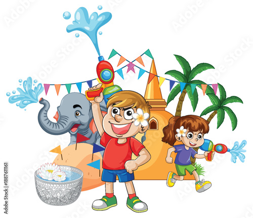 Children Celebrating Songkran Festival with Water Guns and Elephant Illustration