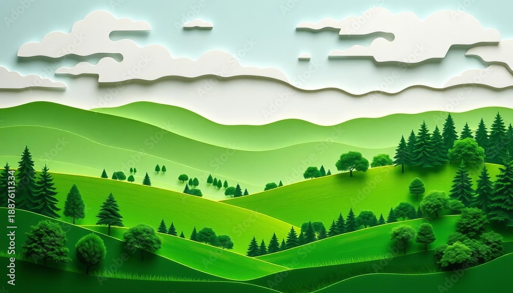 Fototapeta premium Intricate paper cut design of tranquil green hills, rolling meadows, and lush trees, fresh, peaceful
