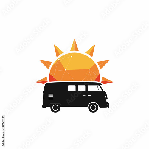 A black vintage camper van with a geometric orange and yellow sun in the background, on a white background.