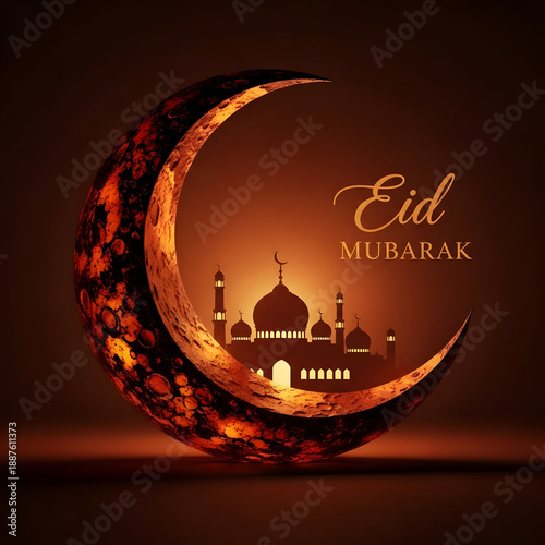 Glowing crescent moon frames silhouette of mosque wishing Eid Mubarak greetings