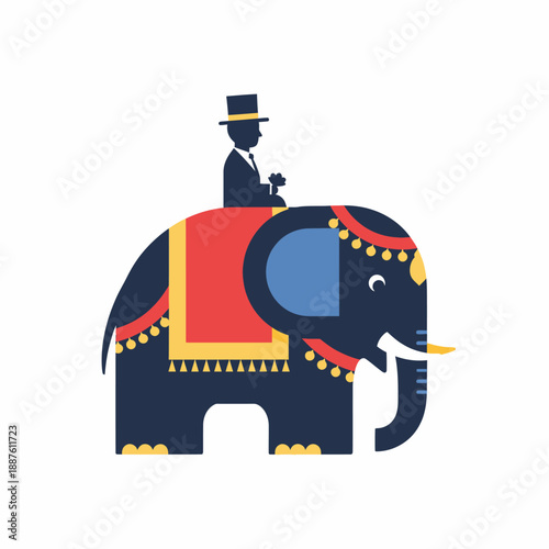 A stylized illustration of a man in a top hat riding a decorated dark blue elephant with red and yellow accents.