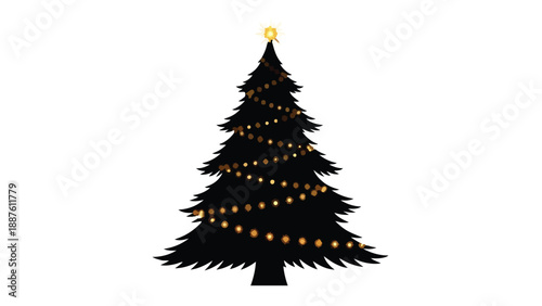 Festive black Christmas tree adorned with glowing golden lights and star topper