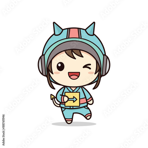 Cartoon character wearing blue outfit and holding a card