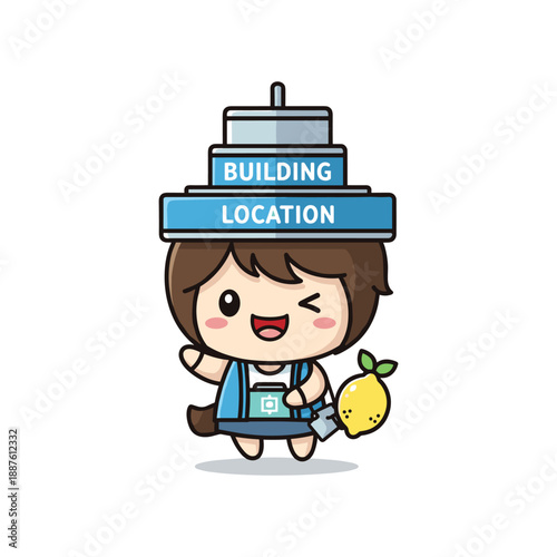 Cartoon character holding lemon and location sign