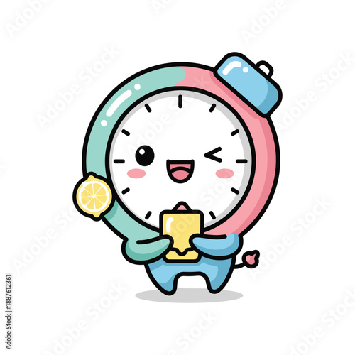 Cartoon alarm clock holding lemon and coffee cup