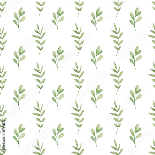 Seamless background, floral minimalistic pattern with watercolor green leaves. Repeat fabric wallpaper print texture. Perfectly for wrapped paper, backdrop, frame or border.