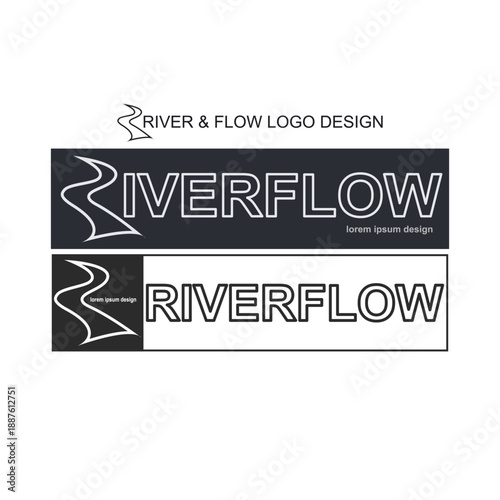 Abstract river flow logo with flowing R icon and outlined wordmark in modern minimal style, suitable for technology, fintech, sustainability, logistics, data and corporate branding
