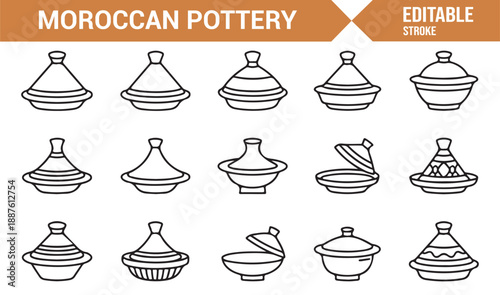 Moroccan ceramic dishes outline vector illustration