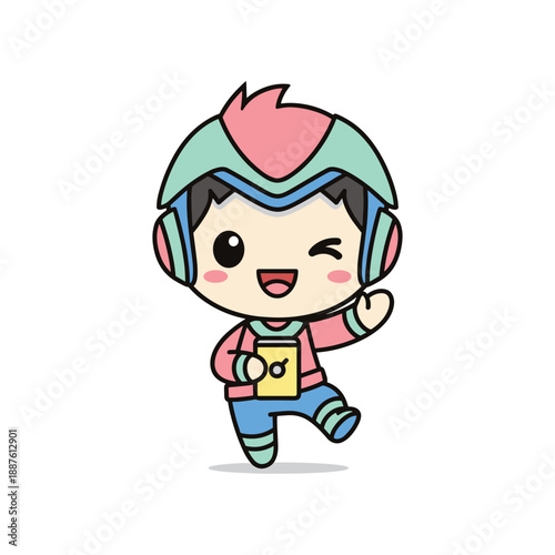 Happy cartoon character running with music device