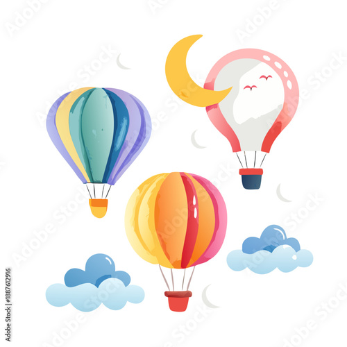 Watercolor Illustration Three Hot Air Balloons, Clouds, and Crescent Moon on White Background
