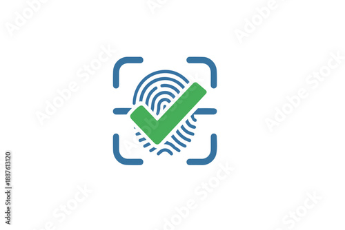 Digital fingerprint security scan icon with a green checkmark, representing secure identification and verification