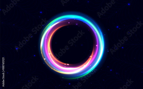 Neon ring multicolor glowing on drak background. Futuristic magic lighting effect.