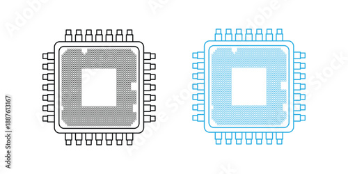 Microchip processor icon set for computer technology and semiconductor design, vector illustration.