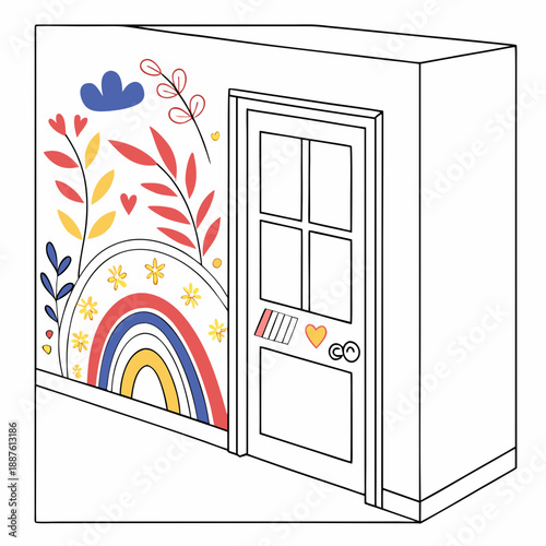 Colorful door with rainbow and flowers