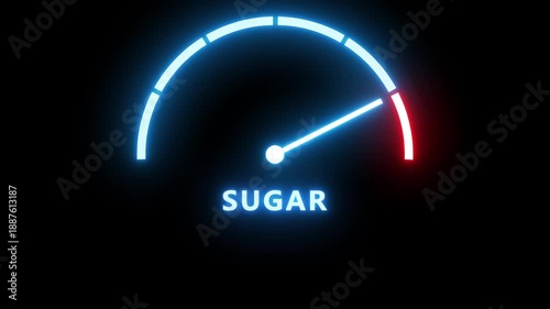Sugar at high levels, displayed on a barometer or tachometer, illustrating excess sugar intake, potential impact on health, and the need for balanced dietary regulation and moderation