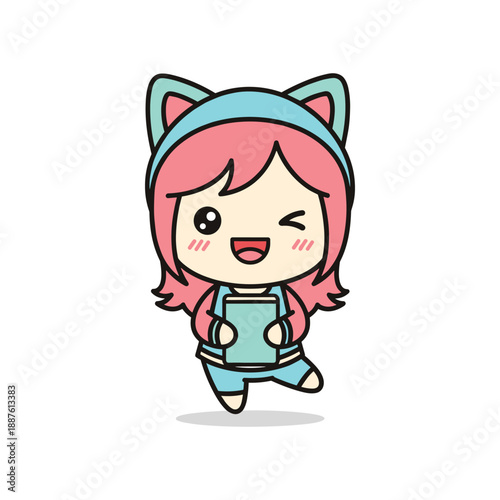 Cute cartoon character wearing cat ears headband and jumpsuit