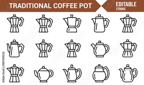 Traditional beverage pot outline icons for kitchen design