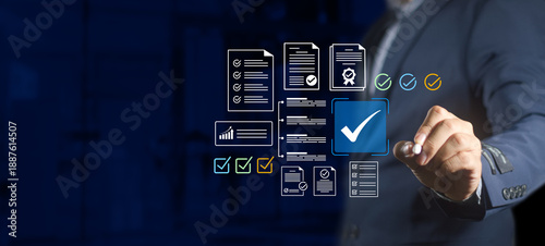 Document approval and quality assurance concept, digital certification, standardization, compliance, verified checkmark, audit process, business performance tracking