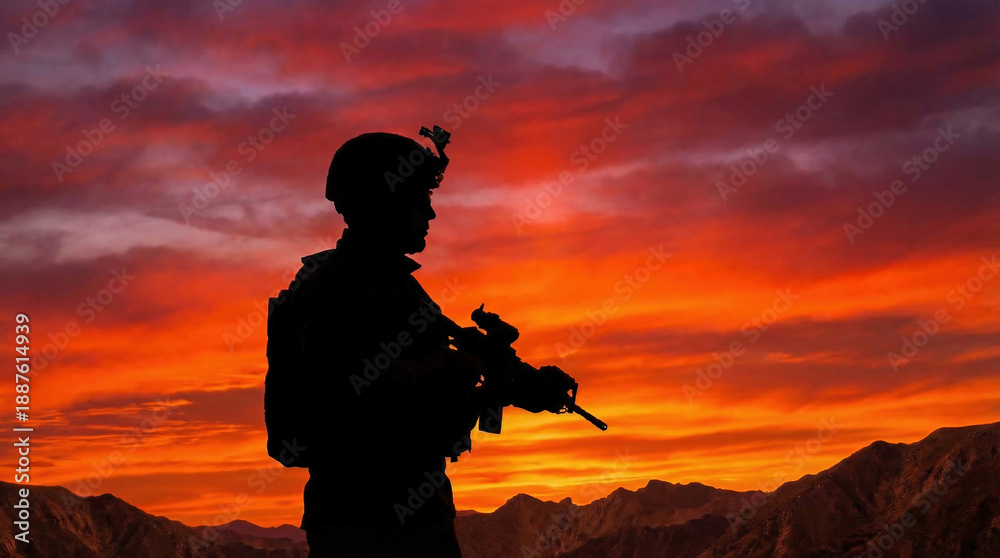 Fototapeta premium Dramatic silhouette of a shooter with a rifle
