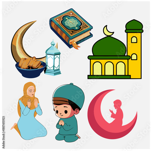 Stylized vector illustration of a person performing islamic prayer namaz
