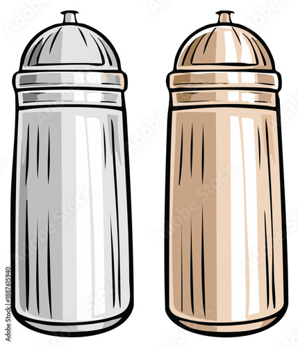 Pair of Classic Salt and Pepper Shakers in Silver and Beige with Striped Texture