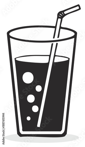 Vector illustration of a tall glass filled with dark liquid and bubbles with a straw
