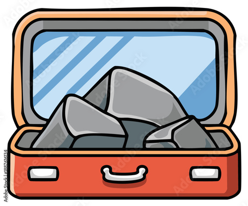 Cartoon illustration of an open suitcase filled with heavy rocks representing a burden or difficult journey