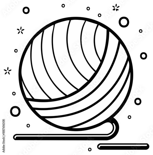 Black and white illustration of a ball of yarn with loose thread and decorative elements.