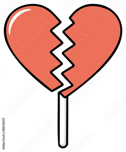 Pink broken heart lollipop with a jagged crack symbolizing sadness and lost love