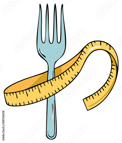 Fork and Measuring Tape Illustration Representing Dieting Concept, Nutrition Control, Eating Disorder, Healthy Lifestyle
