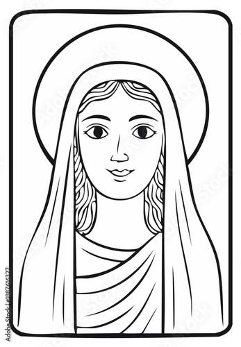 Illustration of a woman with a halo and a veil in a simple, traditional style.
