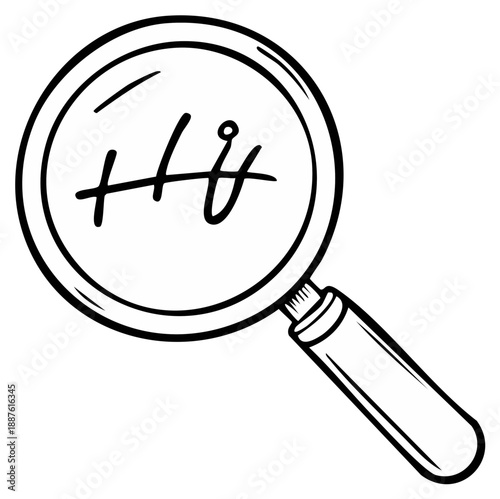 Magnifying glass focused on hand-drawn text, illustration, examining details, research, discovery
