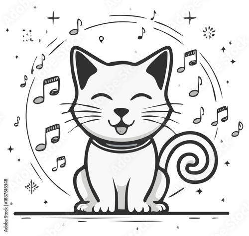 Joyful cartoon cat surrounded by musical notes and radiating positive energy