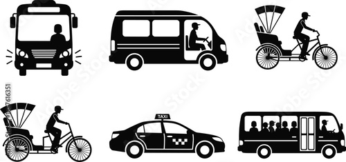 Silhouettes of Diverse Public Transport Modes Featuring Bus, Van, Rickshaw, Taxi, and Minibus in Urban and Regional Contexts