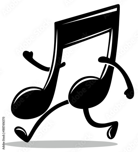 Animated musical notes running with arms and legs in a cartoon style