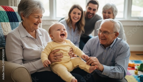 Caucasian couple with their parents and baby happy at home. Loving multigenerational family portrait. Joyful family reunion concept for parenting blog.