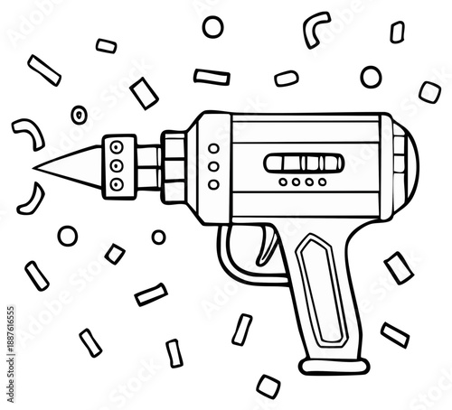 Ray Gun Illustration with Confetti for Coloring Book or Graphic Design Black and White Outlined