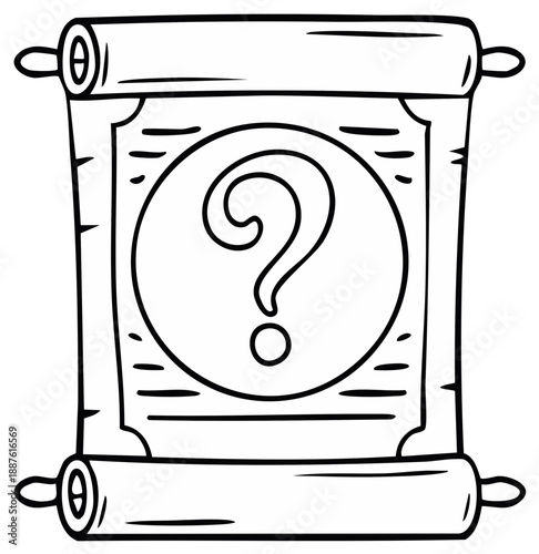 Ancient scroll with a question mark symbol, mystery and knowledge concept.
