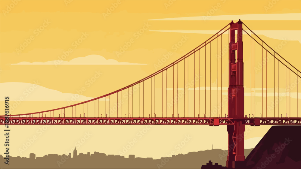Fototapeta premium Illustration of the Golden Gate Bridge at sunset with a city skyline in the background and a warm orange color palette.