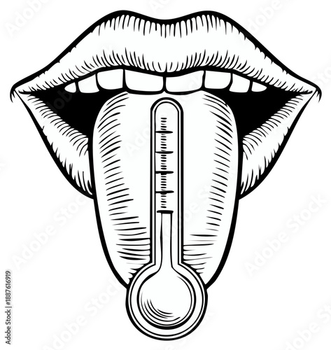 Thermometer in Mouth Illustration: Fever Symptom Concept with Open Lips and Human Tongue Graphic