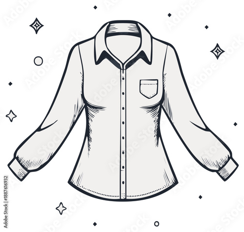 Classic white button down shirt for women with collar and pocket clean drawing