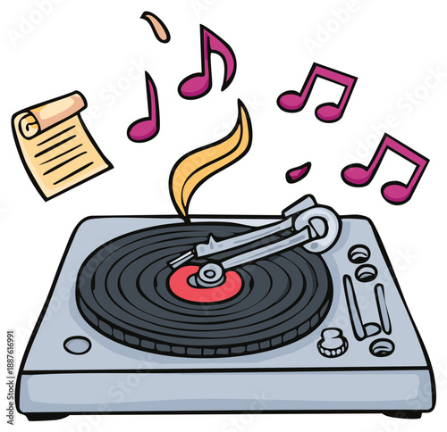 Retro record player with vinyl playing music notes and song sheet illustration