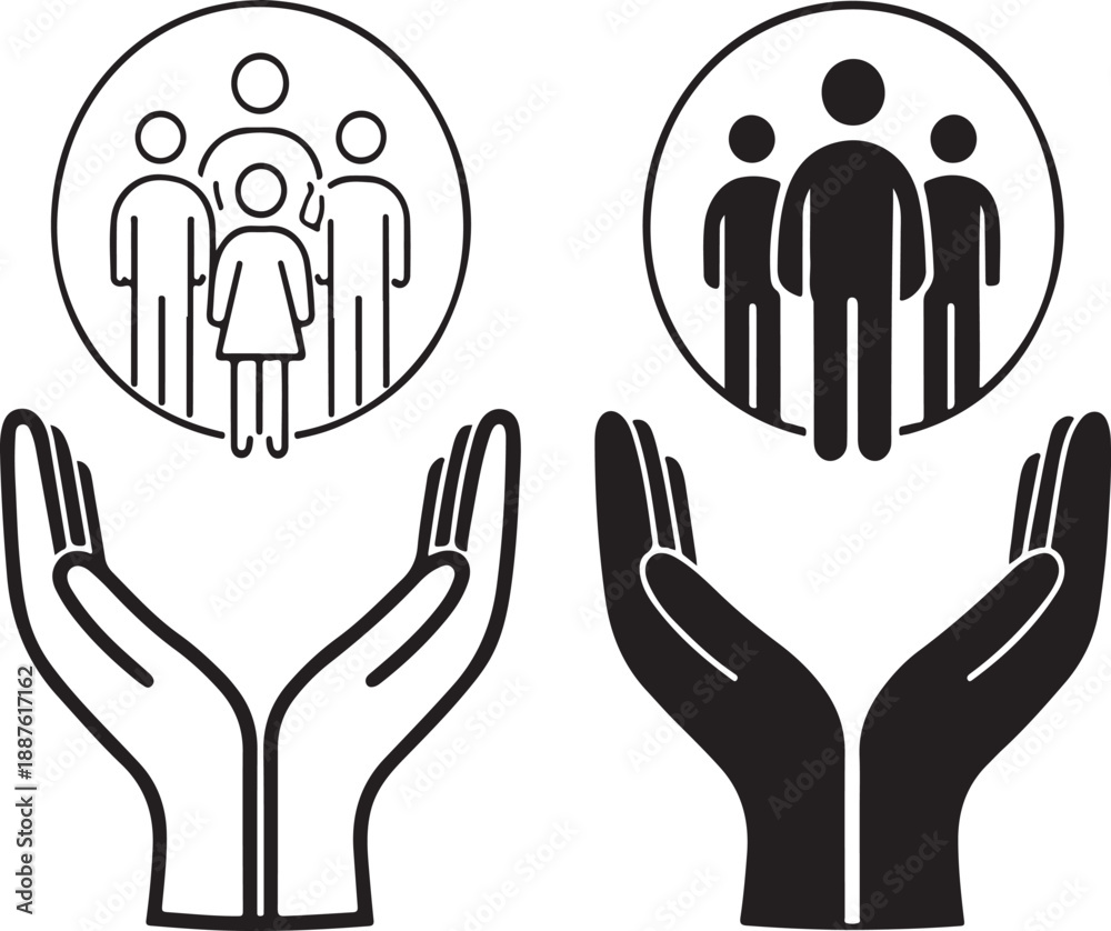Fototapeta premium This monochrome illustration depicts two circular arrangements of people being protected by open hands below symbolizing care and support for families and communities high-quality