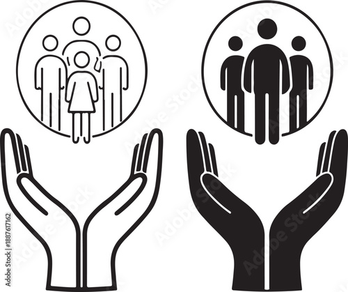 This monochrome illustration depicts two circular arrangements of people being protected by open hands below symbolizing care and support for families and communities high-quality
