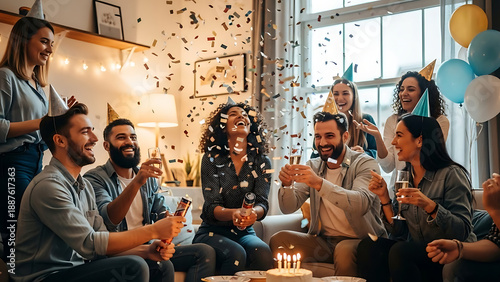 Group of Friends Celebrating Birthday Party in Living Room