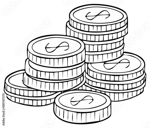 Hand Drawn Illustration of Stacked Coins with Dollar Sign, Symbol of Wealth, and Currency