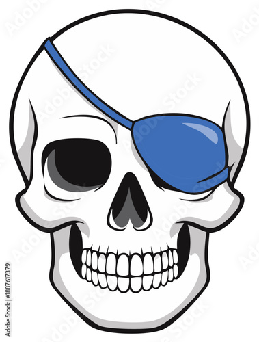 Stylized white skull with a blue pirate eye patch and grinning teeth illustration