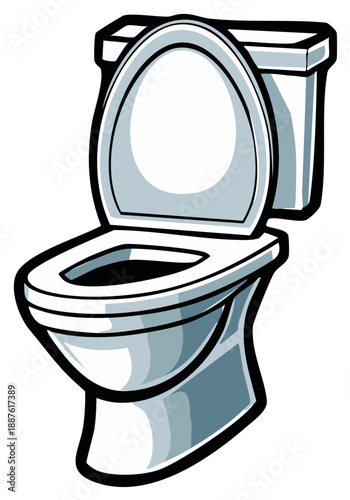 White porcelain toilet bowl illustration with open lid showing the interior in a stylized cartoon style