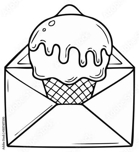 Hand drawn outline of ice cream cone and melting treat inside an envelope