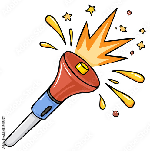 Colorful cartoon party blower with confetti and star accents for celebration background